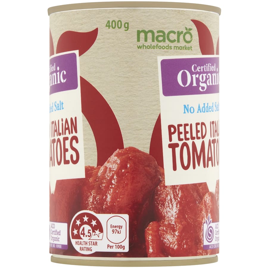 Organic peeled tomatoes in a can, perfect for Italian cooking, rich texture, no added salt, available at Smartfox NZ.