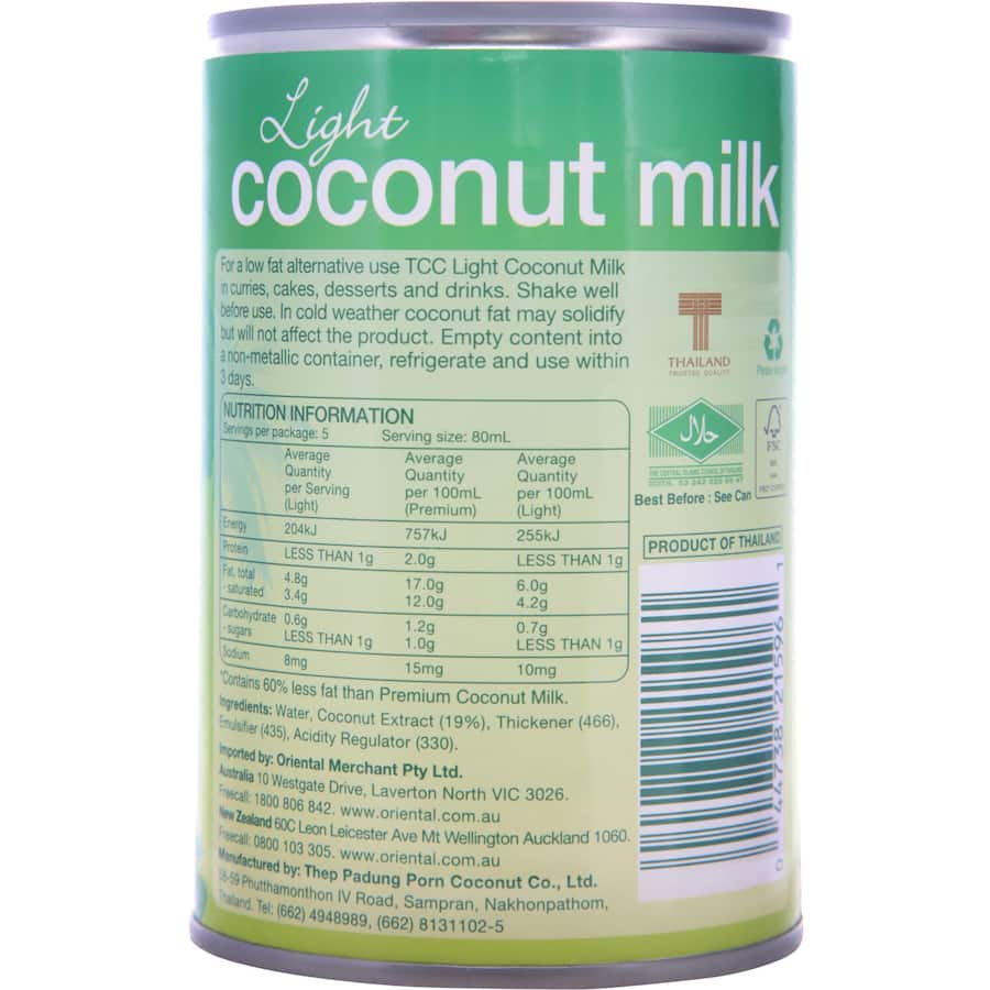 Tcc Coconut Milk Light: reduced-fat coconut milk for curries, soups, and desserts, offering delicious flavor and aroma.