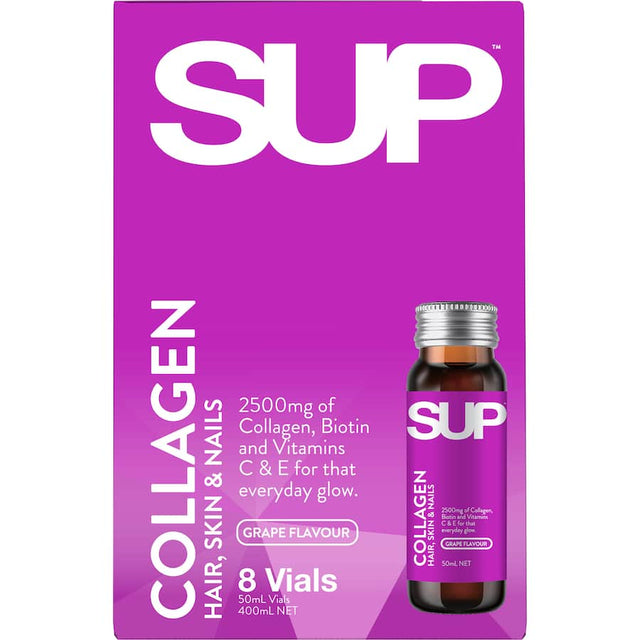 Sup Collagen Hair, Skin & Nails Grape shot promoting beauty with 2500mg collagen, vitamins, and a delicious grape flavor.