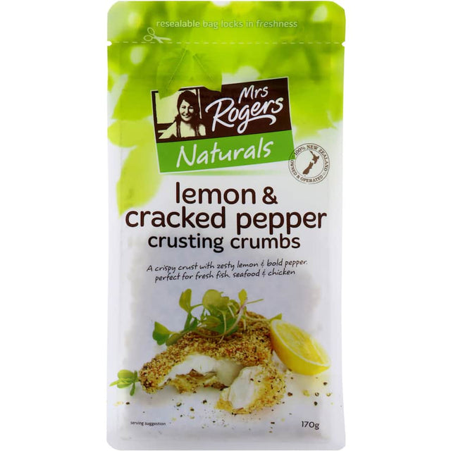 Mrs Rogers Lemon & Cracked Pepper Coating Mix enhances dishes with zesty flavor, perfect for grilling, roasting, or finishing meals.