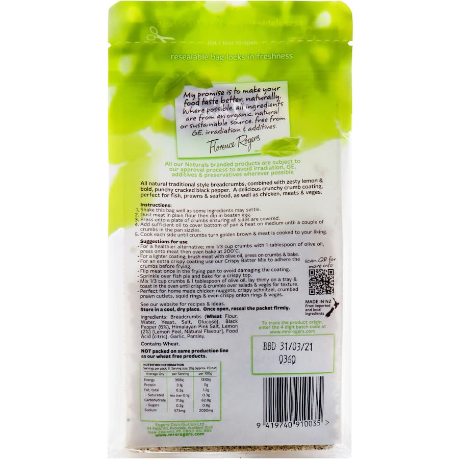 Mrs Rogers Lemon & Cracked Pepper coating mix for flavorful, gluten-free seasoning in grilling and roasting dishes.