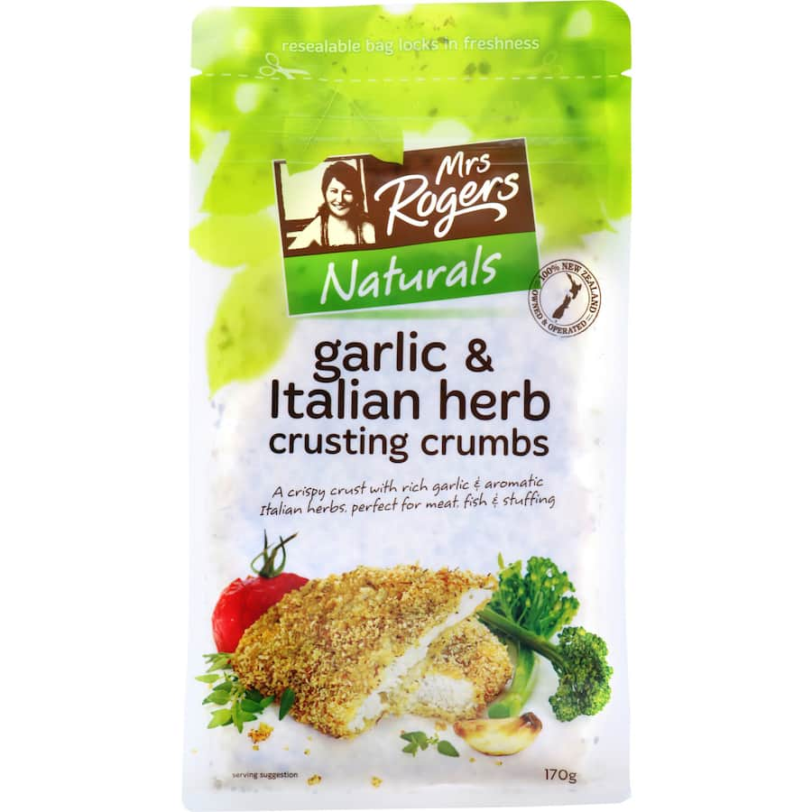 Mrs Rogers Italian Garlic Crumb mix for flavorful coatings on meats and vegetables, enhancing cooking with crispy texture.