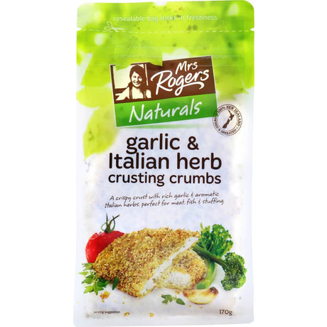 Mrs Rogers Italian Garlic Crumb mix for flavorful coatings on meats and vegetables, enhancing cooking with crispy texture.