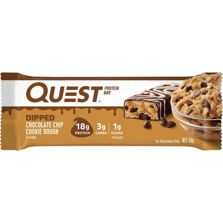 Quest Protein Bar Dipped Chocolate Chip Cookie Dough, a protein-rich snack with chocolate coating and gooey cookie dough center.