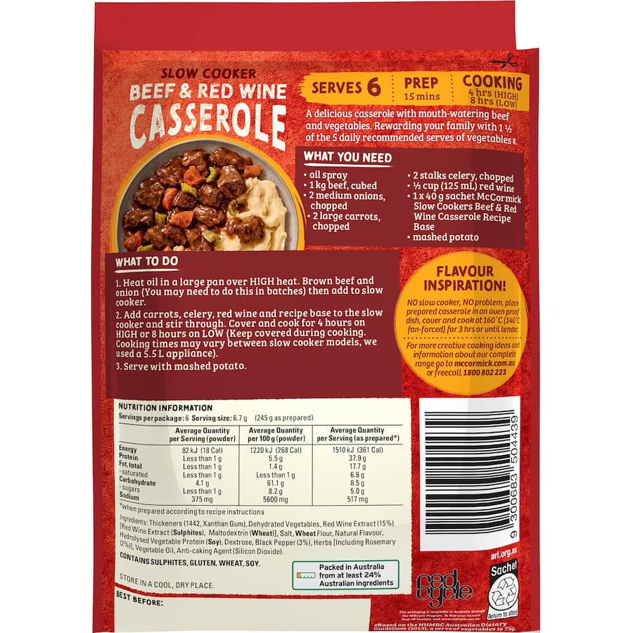 Mccormick Slow Cookers Meal Base Beef & Red Wine