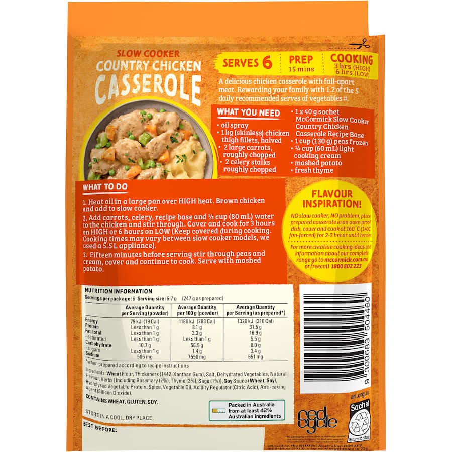 Creamy chicken casserole meal base from McCormick, perfect for effortless family dinners without artificial additives.