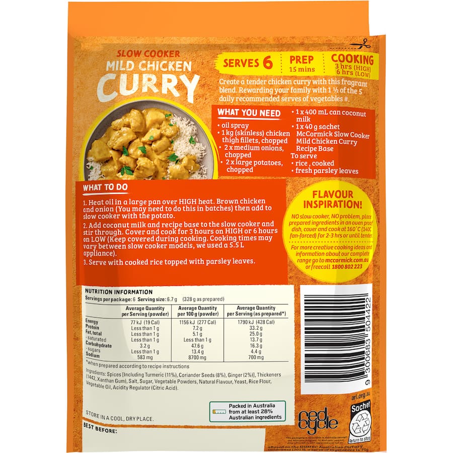Mild chicken curry meal base with turmeric, ginger, and coconut milk for easy, delicious slow cooking.