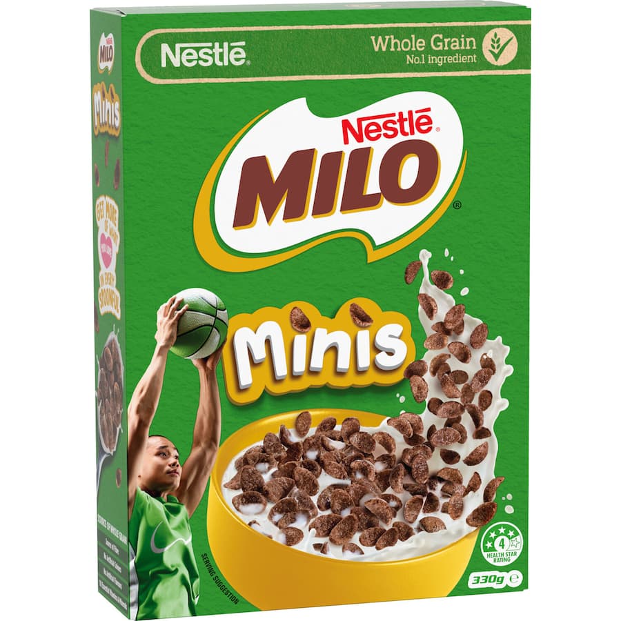 Nestle Milo Cereal Minis: Tasty, crunchy, and energizing chocolate malt bites made with whole grains for a nutritious breakfast or snack.