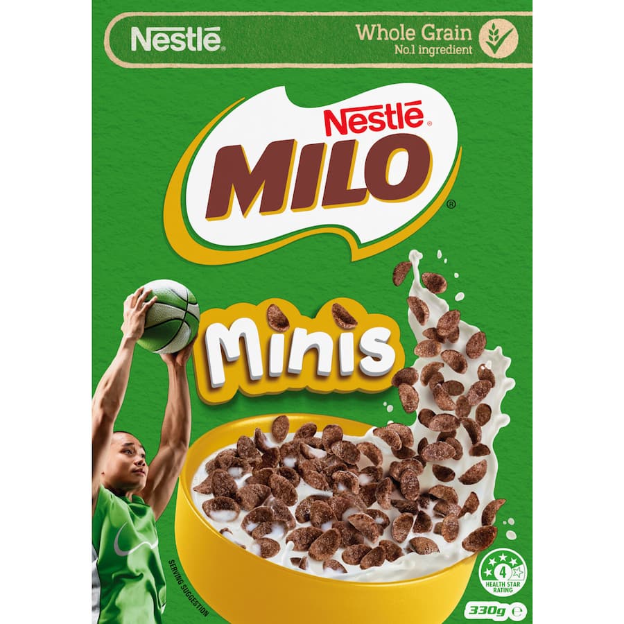 Nestle Milo Cereal Minis in a box, featuring crunchy chocolatey bites made from whole grains for energy-packed breakfasts.