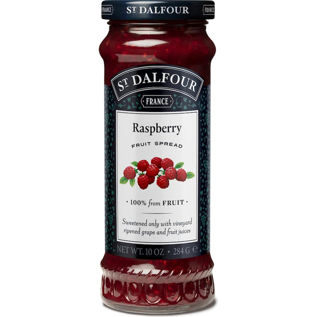 St Dalfour Raspberry Jam jar showcasing rich red color, perfect for enhancing breakfasts and desserts with natural sweetness.