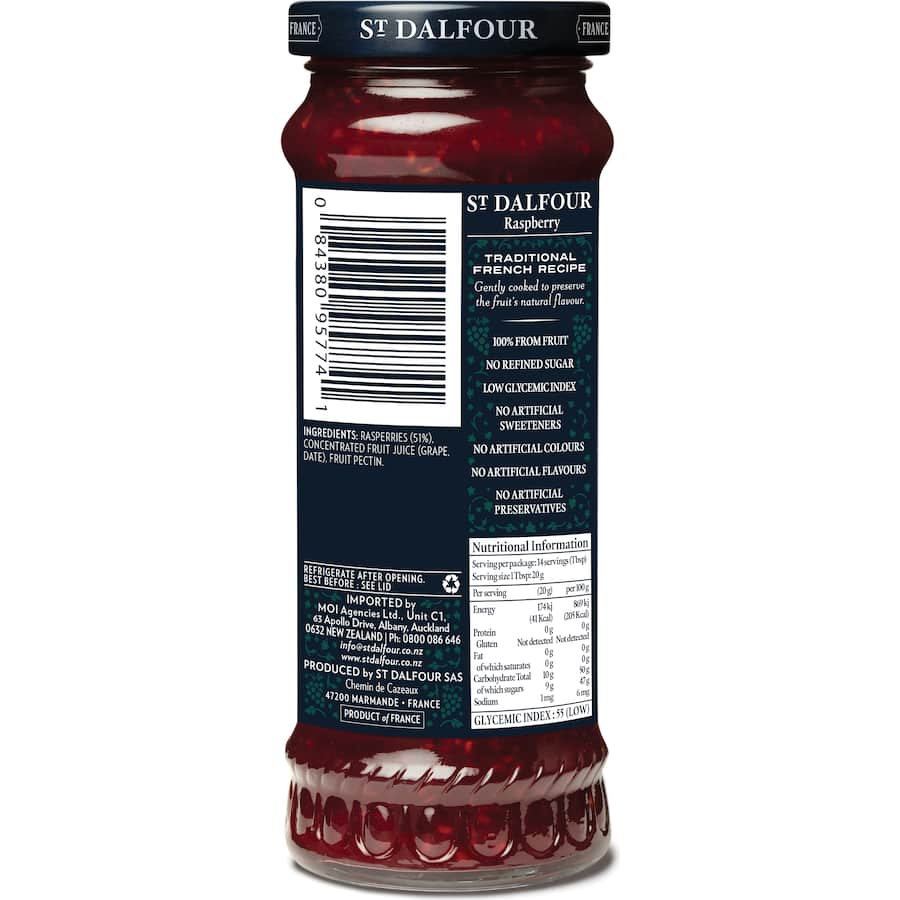 St Dalfour Raspberry Jam: premium fruit spread with sweet-tart flavor, perfect for toast, desserts, and gourmet dishes.