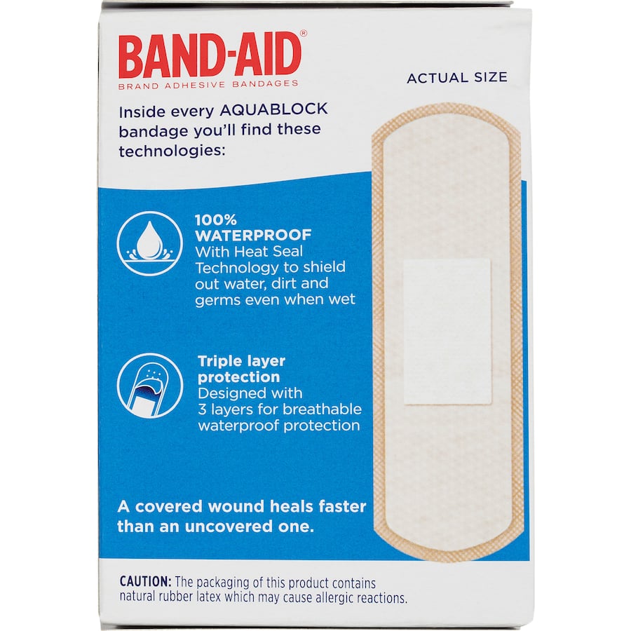 Band Aid Plasters Aqua Strips: waterproof bandages with triple layer protection for cuts and scrapes, ideal for active lifestyles.