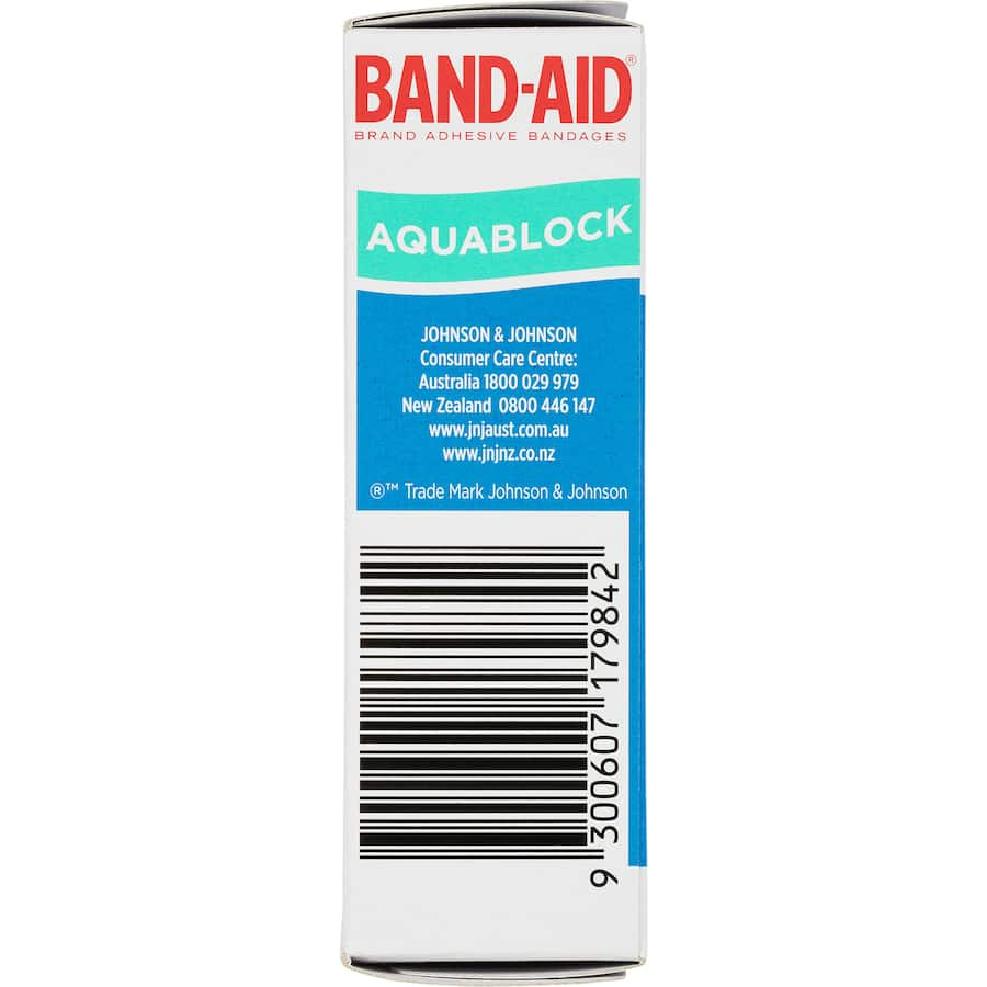 A pack of Band Aid Aqua Strips, waterproof adhesive bandages designed for superior protection and comfort for cuts and scrapes.