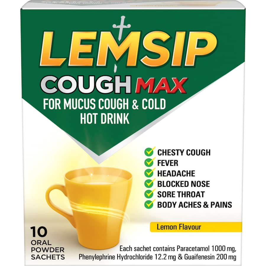 Lemsip Cough Max sachets for mucus cough and colds, lemon-flavored hot drink providing soothing relief from flu symptoms.