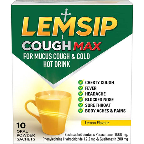 Lemsip Cough Max sachets for mucus cough and colds, lemon-flavored hot drink providing soothing relief from flu symptoms.