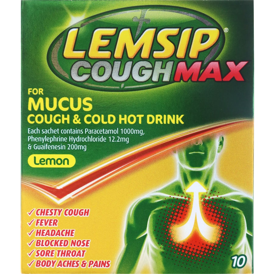 Lemsip Cough Max Lemon Hot Drink sachets for relieving mucus cough, cold symptoms, and chest congestion.