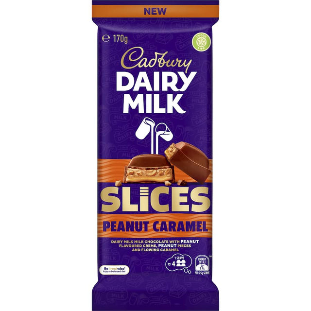 Cadbury Slices Chocolate Peanut Caramel features rich Dairy Milk chocolate with peanut cream, caramel, and crunchy peanuts.