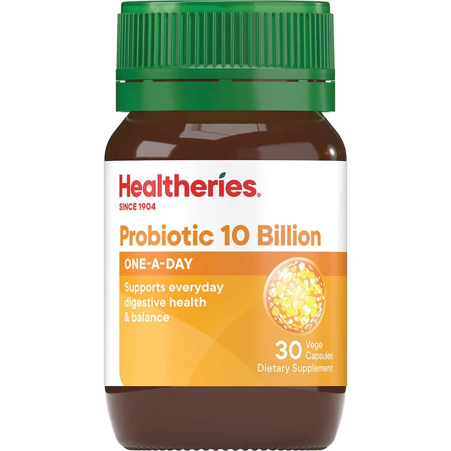 Healtheries Probiotic 10 Billion capsules, promoting digestive health with 10 billion live cultures for gut balance and immune support.