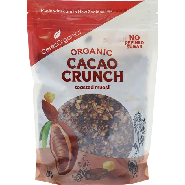 A bowl of Ceres Organics Supergood Cereal Cacao, featuring rich cacao, whole grains, and superfoods for a healthy breakfast.