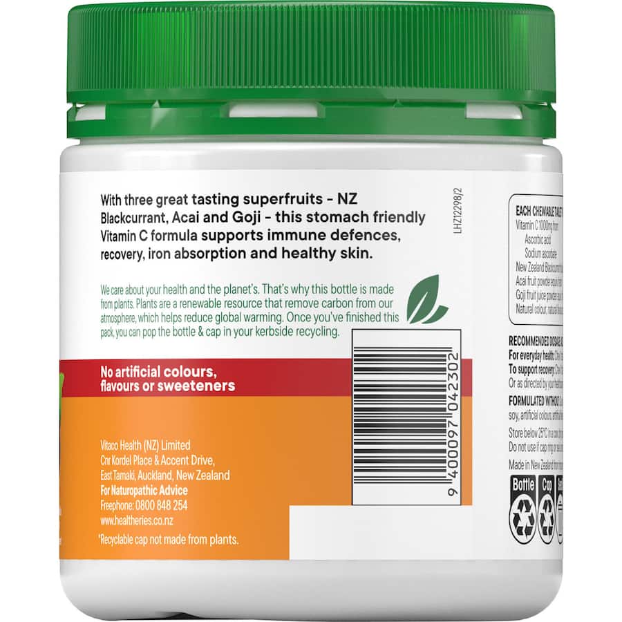 Healtheries Vitamin C Superfruits 1000mg tablets for immune support, skin health, and antioxidant benefits.
