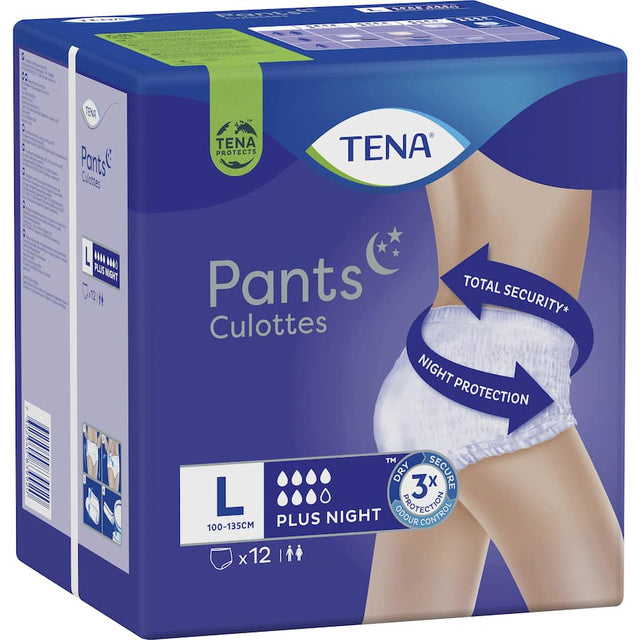 Soft, white night incontinence pants with anti-leak barriers and high absorption for secure, comfortable sleep.