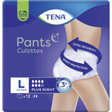 TENA Pants Night Large: white, soft incontinence pants with a pull-up fit and dual absorption for overnight protection.