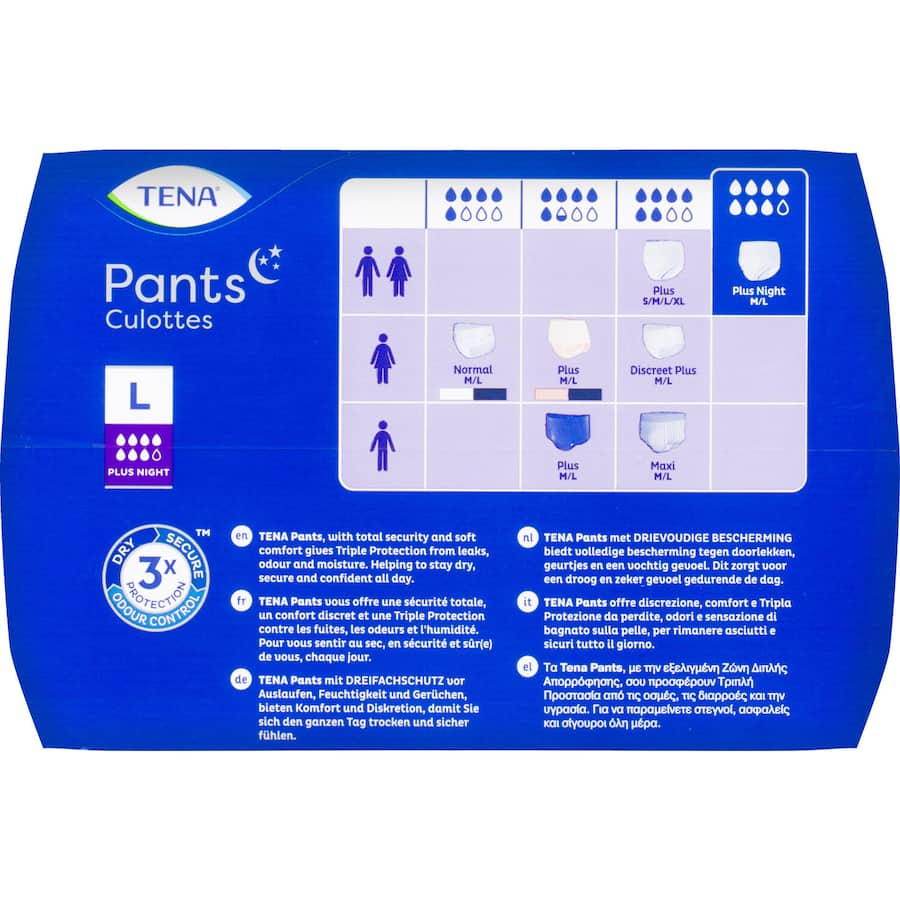 Comfortable, secure TENA Pants Night Large for overnight incontinence, featuring dual absorption and anti-leakage barriers.