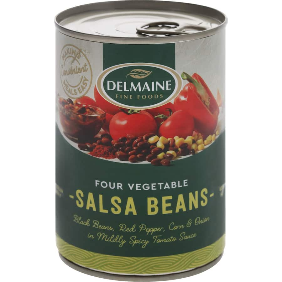 Delmaine Salsa Beans: zesty black beans, corn, and onions in tomato sauce, perfect for salads, tacos, or as a dip.