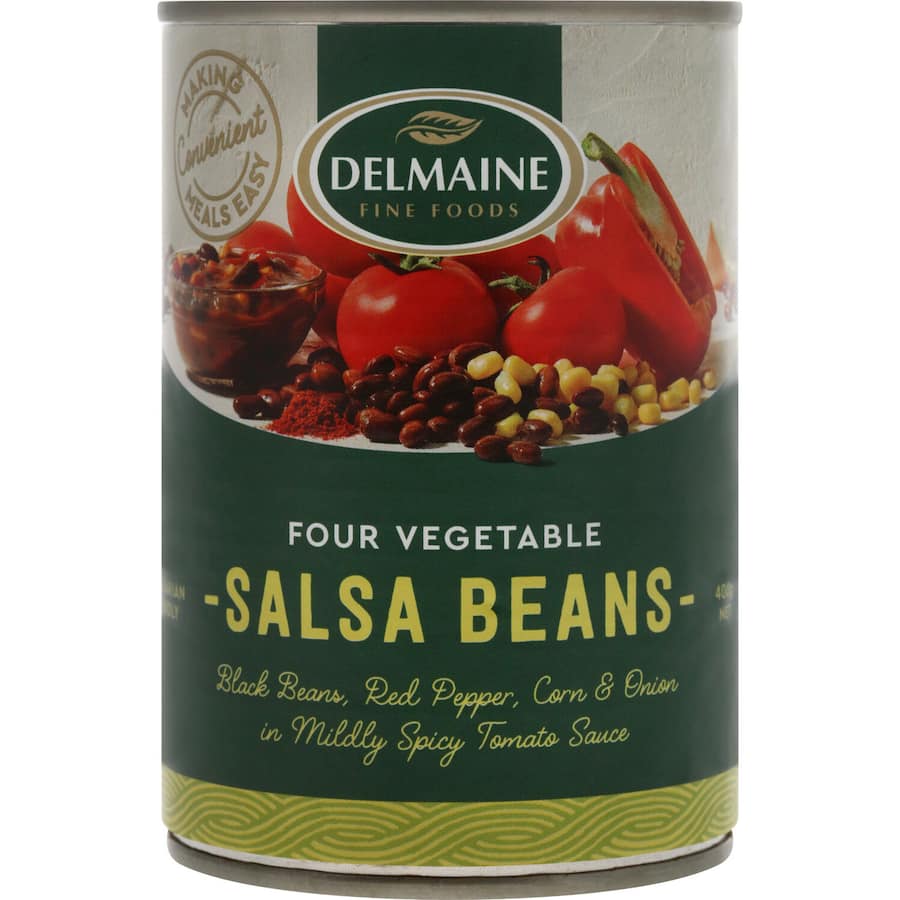 Delmaine Salsa Beans combine black beans, corn, and onions in zesty sauce, ideal for salads, tacos, dips, and more.