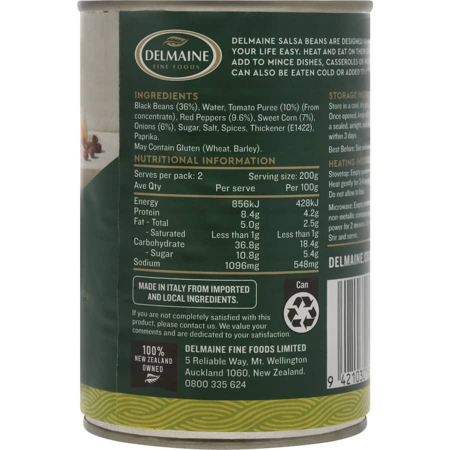 Delmaine Salsa Beans feature black beans, corn, and onions in zesty tomato sauce, perfect for salads, tacos, and dipping.