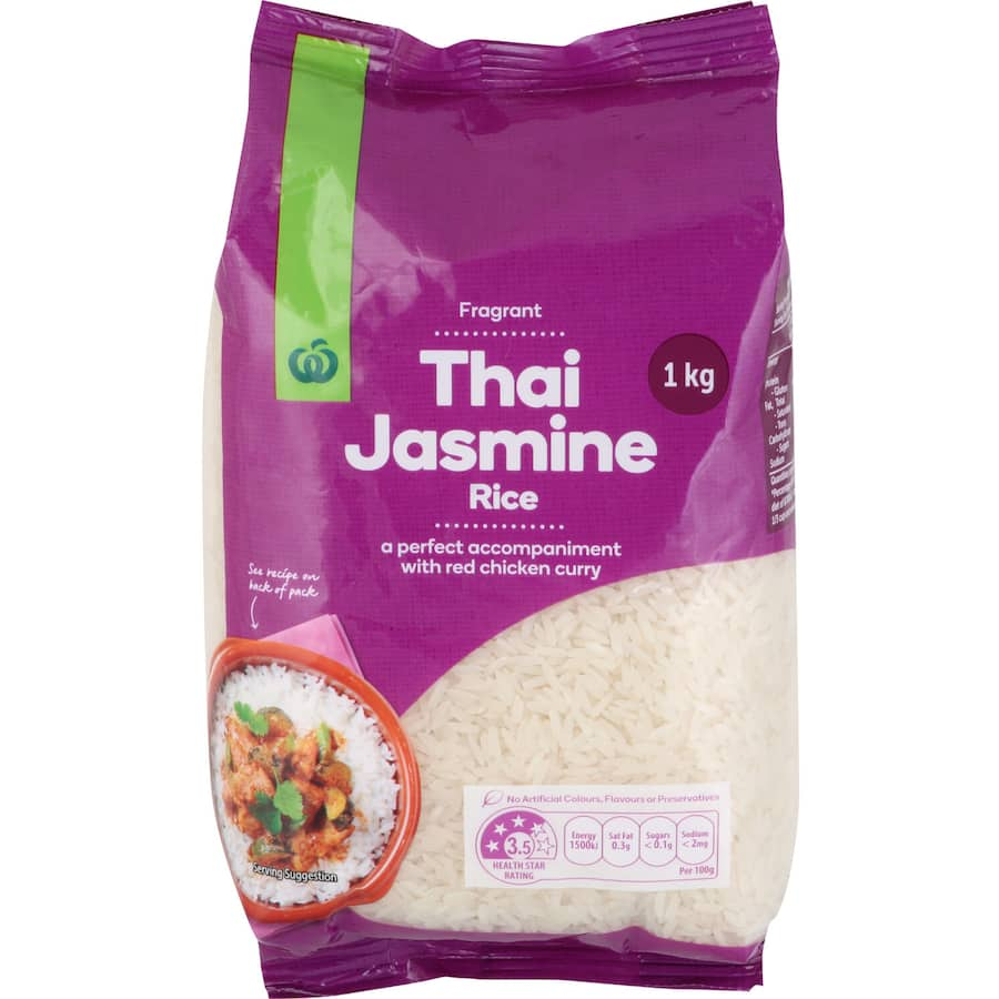 Woolworths Jasmine Rice, premium quality fragrant rice perfect for red chicken curry and stir-fries, gluten-free, no preservatives.