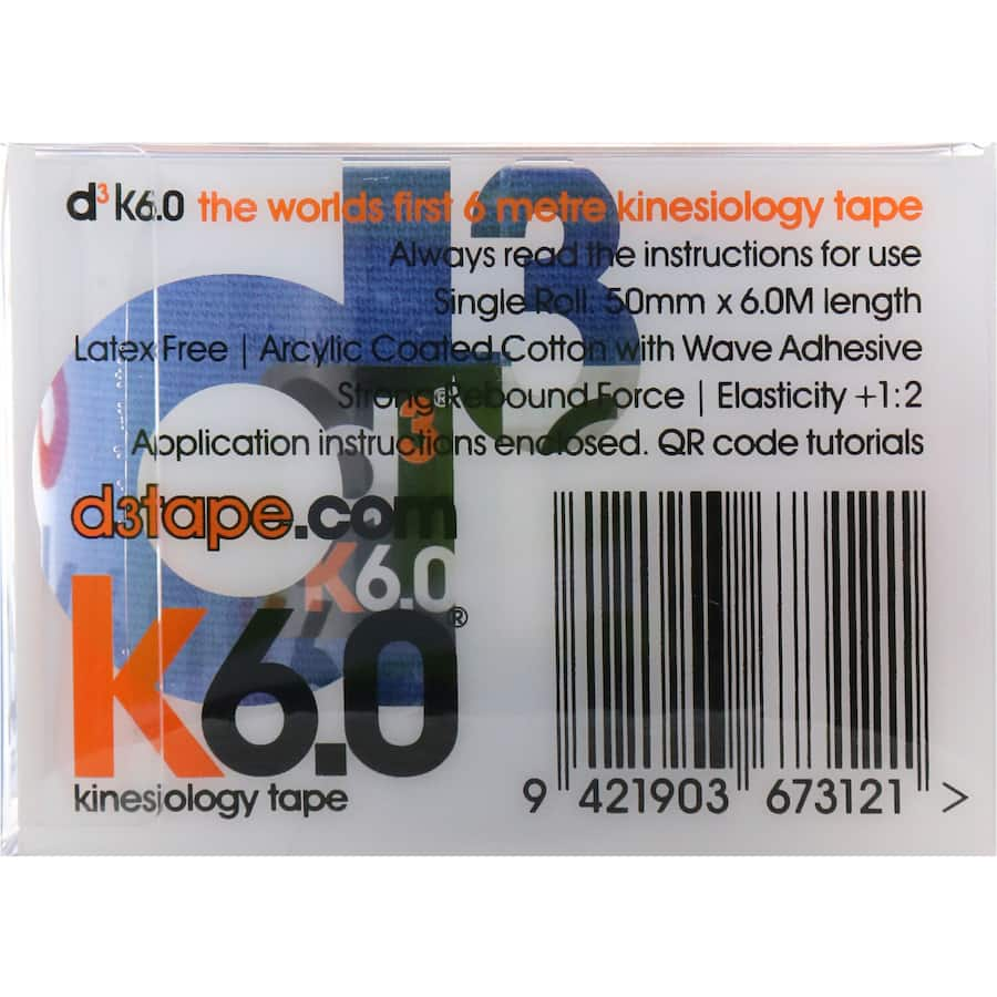 D3 Kinesiology Tape K6.0, a latex-free elastic cotton tape, offers pain relief, support, and comfort for athletes and active individuals.