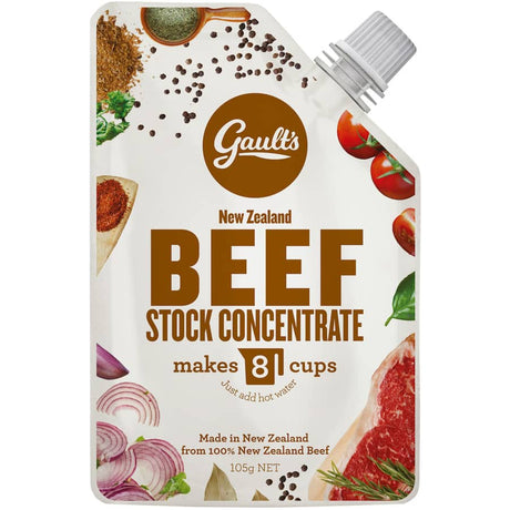 Gaults Beef Stock Concentrate pouch, crafted from NZ vegetables and beef, making 8 cups of rich, flavorful stock.