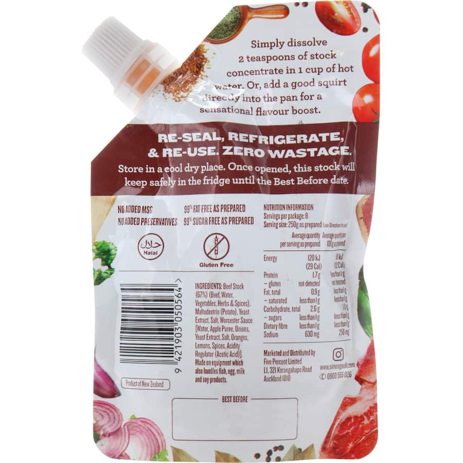 Gaults Beef Stock Concentrate pouch, featuring rich umami, made from real NZ beef and vegetables for gourmet cooking.