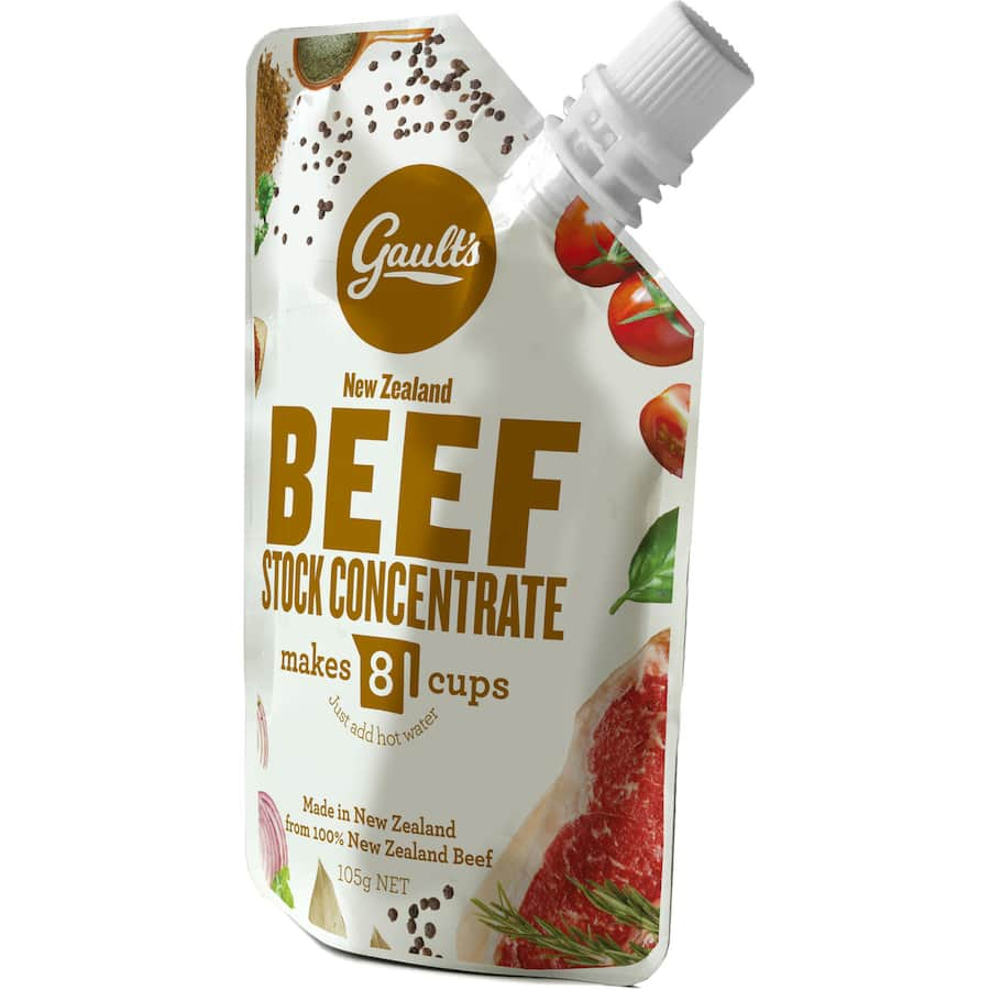 Gaults Beef Stock Concentrate packet, a rich blend of New Zealand beef and vegetables for gourmet-quality stock and flavor boosts.