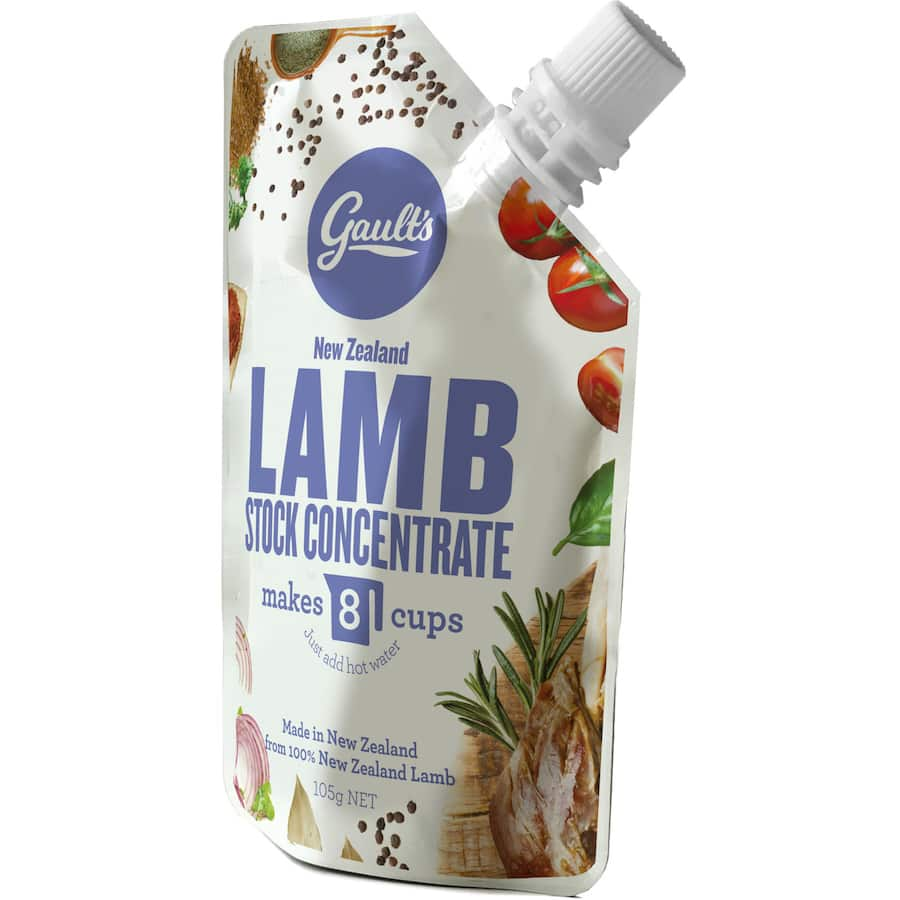 Gaults Lamb Stock Concentrate pouch for rich, premium lamb stock, yielding 8 cups to enhance various dishes.