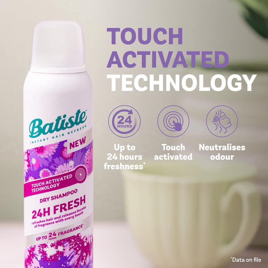 Batiste Dry Shampoo Fresh revitalizes hair instantly, providing 24-hour freshness and volume without water.