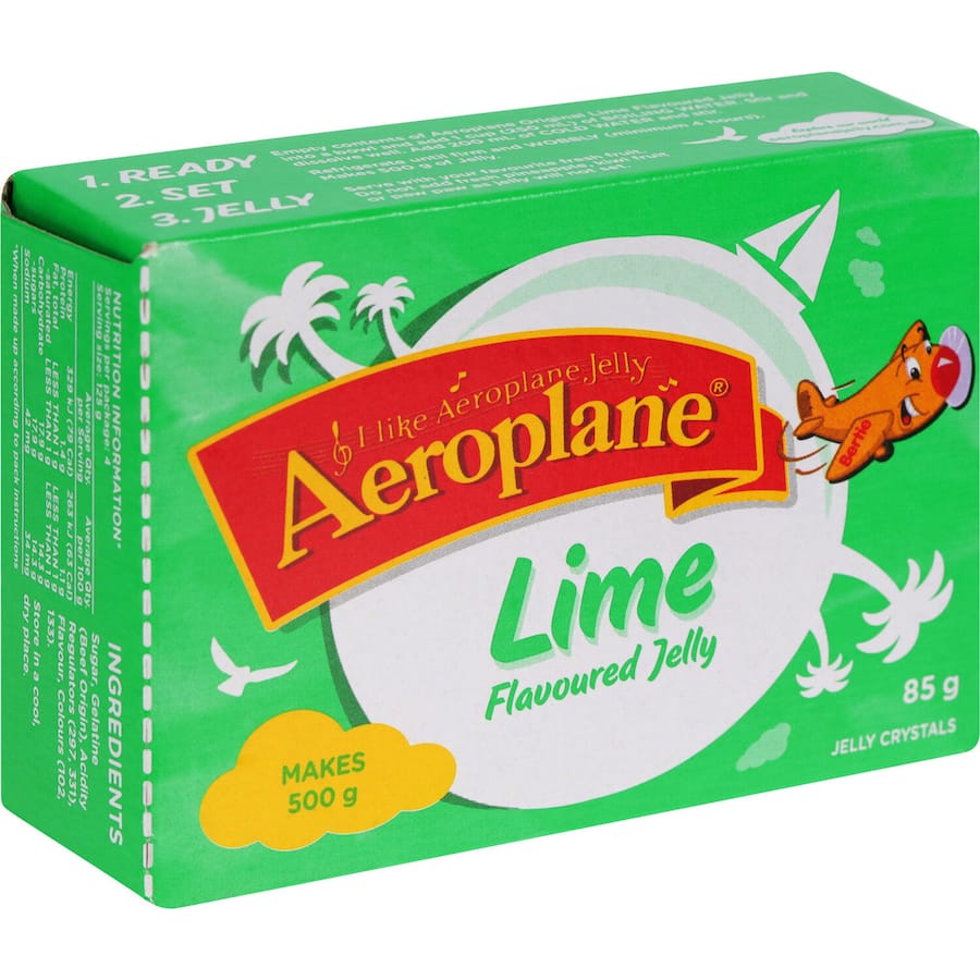 Aeroplane Jelly Original Lime mix, a refreshing citrus-flavored dessert made with real fruit juice.