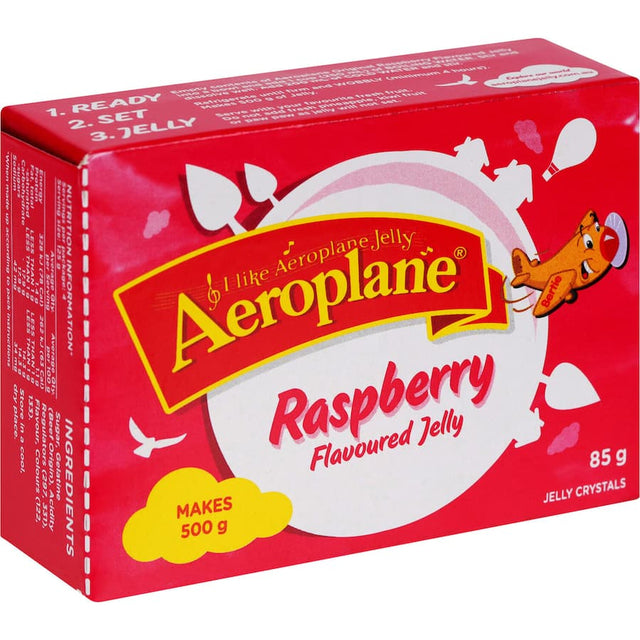 Aeroplane Jelly Original Raspberry featuring a vibrant raspberry flavor, perfect for quick, nostalgic desserts.