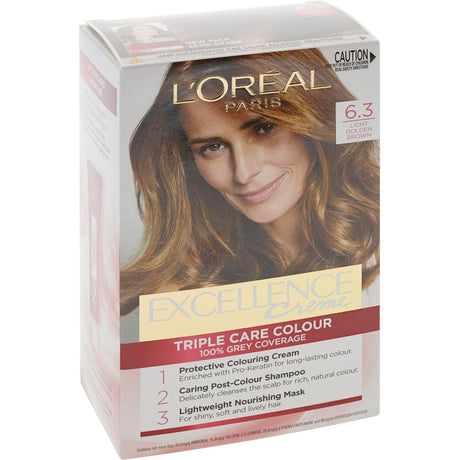 L'Oreal Excellence Hair Colour 6.3 in Light Golden Brown, offering vibrant color, 100% gray coverage, and nourishing care.