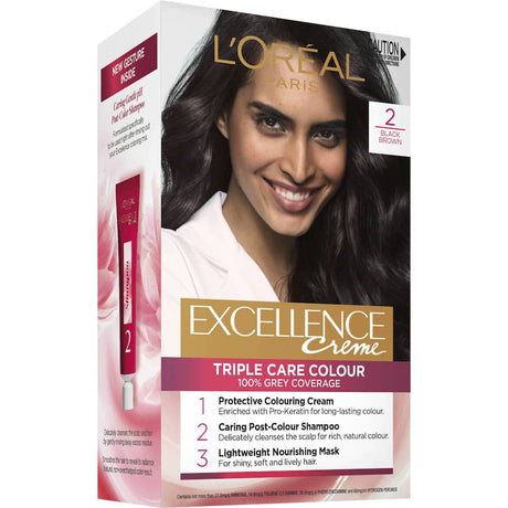 L'Oreal Excellence Hair Colour in Brown Black 2 offers vibrant color, 100% grey coverage, and a nourishing 3-step care system.