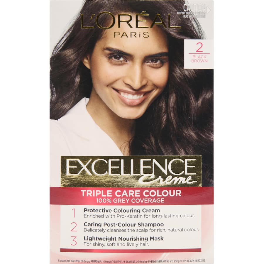 L'Oreal Excellence Hair Colour in Brown Black 2 offers vibrant, long-lasting color with 100% grey coverage and nourishing care.