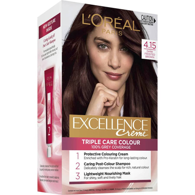 L'Oreal Excellence Hair Colour in Dark Frosted Brown, offering 100% grey coverage, nourishing formula, and vibrant, long-lasting color.