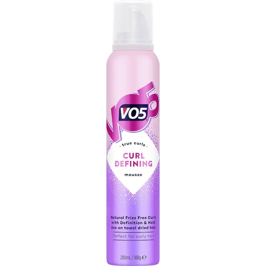 Vo5 Hair Mousse Curl Defining enhances natural curls, reduces frizz, adds volume, and provides flexible hold without stiffness.