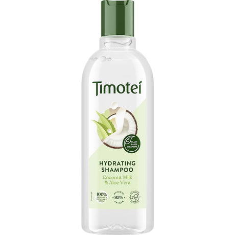 Timotei Hydrating Shampoo bottle featuring a nourishing formula for rejuvenating dry hair with natural ingredients.