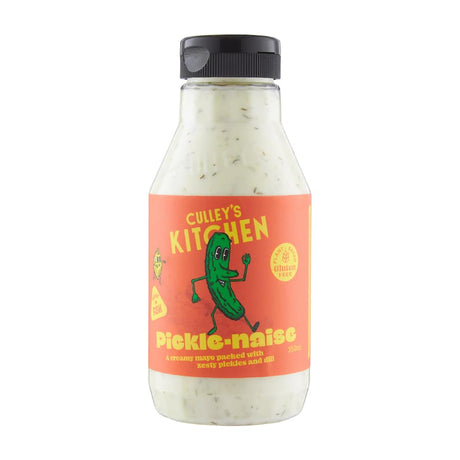 Culleys Picklenaise: vegan mayo with pickle and dill flavors, perfect for sandwiches, salads, and barbecued meats.