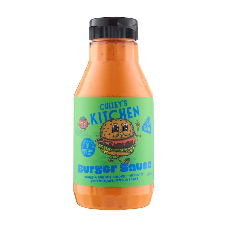 Culley's Kitchen Burger Sauce bottle featuring a vegan-friendly, zesty condiment perfect for burgers and BBQ meats.