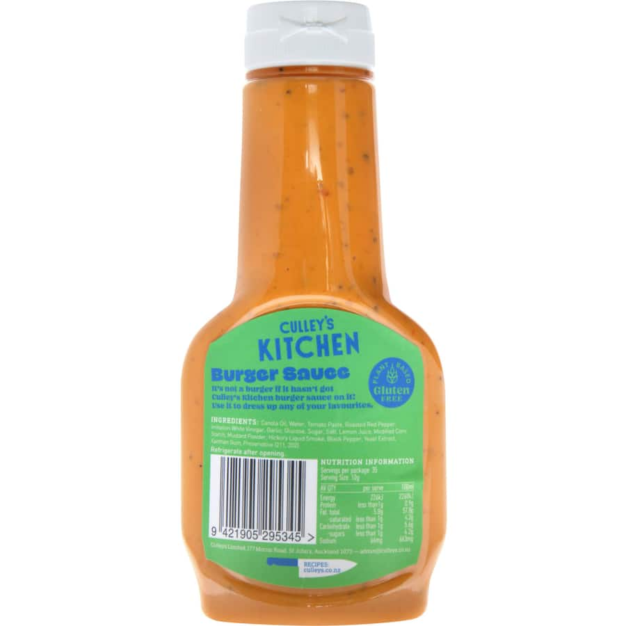 A bottle of Culley's Kitchen Burger Sauce, a vegan-friendly condiment perfect for enhancing burgers and BBQ dishes.