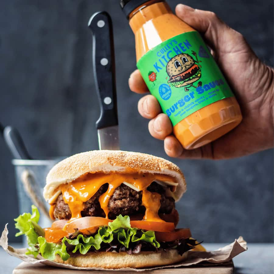 A bottle of Culley's Kitchen Burger Sauce, a vegan-friendly condiment perfect for burgers and BBQ, made in New Zealand.