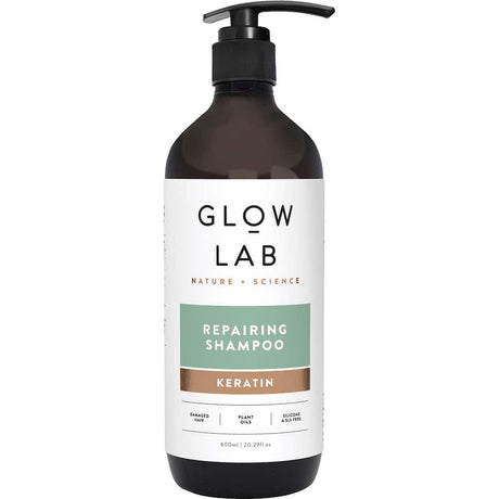 Glow Lab Repairing Shampoo: eco-friendly hair care with Keratin, Coconut Oil, and a refreshing floral scent for damaged hair.